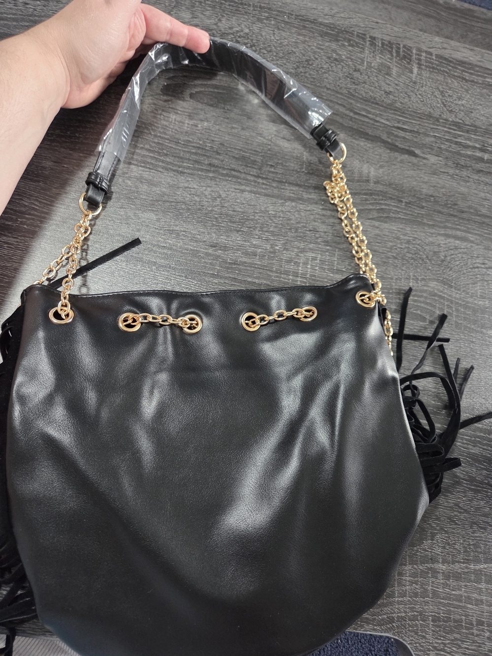 Black Shoulder Bag with Gold Chain Accent